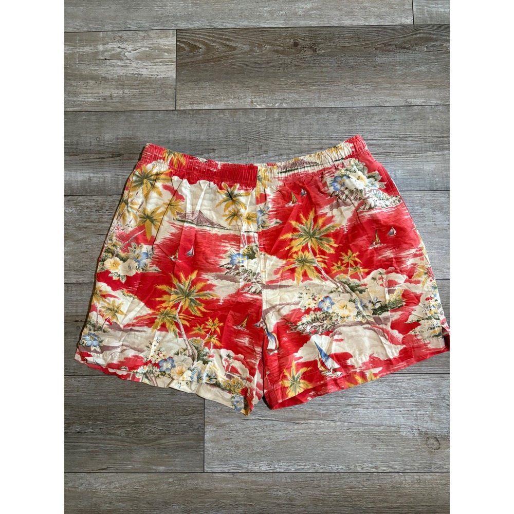 Lands'‎ End Swim Trunks Mens XL Red Tropical Palm Tree Floral Hawaiian Print